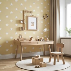 Stylish Scandinavian kids room with wooden photo frame toys blocks and star pattern on bright sunny background wall  
