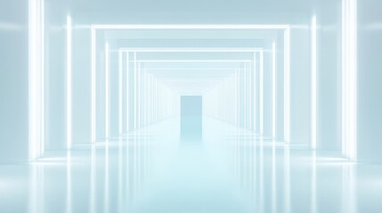 Obraz premium Empty futuristic hallway bathed in bright, soft blue light