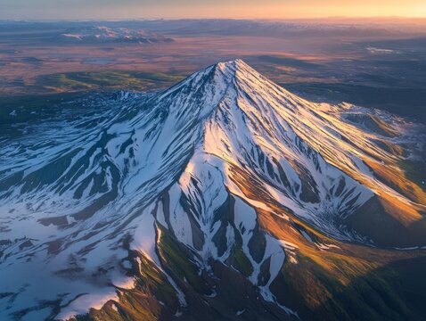 Aerial view of snow-capped mountain at sunset, vast plains