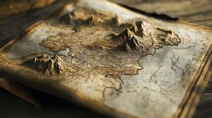 Obraz premium Detailed 3D topographical map with hand-drawn features on vintage paper with mountains