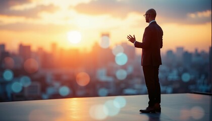 Fototapeta premium A confident public speaker stands on a stage with a blurred cityscape behind them, soft pastel hued geometric patterns blending into the background.