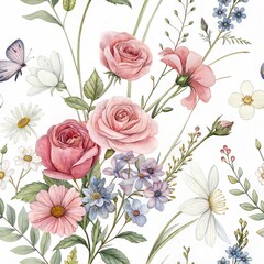 Fototapeta premium Seamless floral pattern featuring a variety of flowers, designed in a watercolor style. (Flower)