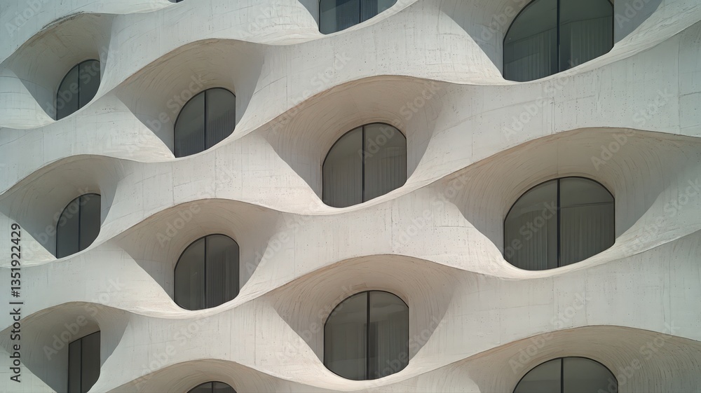 Poster textured off-white building facade with wave pattern and arched windows