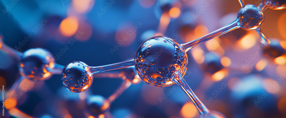 Poster Close-up of a molecule model with transparent spheres and rods, showcasing a complex structure against a blurred blue and orange background, representing science, technology, and research
