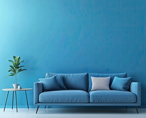 Modern interior design of a living room with a sofa and side table against a blue wall background. The room features a minimalist and contemporary aesthetic, with clean lines and a neutral color palet