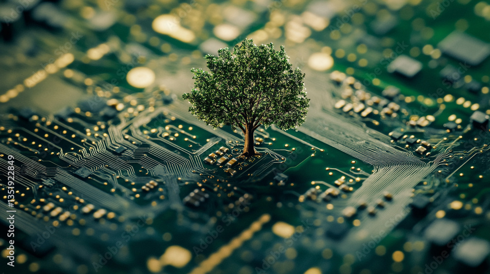 Poster a tree growing out of a green computer circuit board with gold connections and blurred background