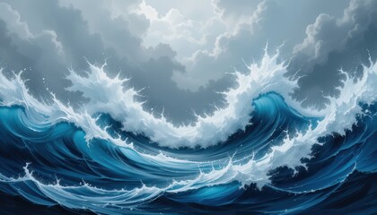 Raging ocean waves coastal shore digital art stormy atmosphere wide angle power of nature