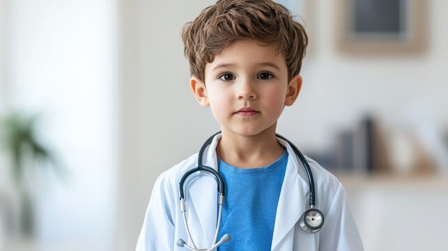 Children patient concept, A young boy wearing a doctor's coat and stethoscope, looking serious and thoughtful in a softly lit room. - Powered by Adobe