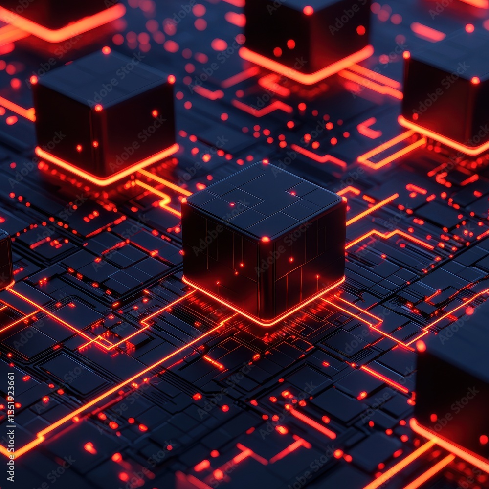 Poster a futuristic drawing of interconnected microchips on a circuit board, glowing with vibrant red lines