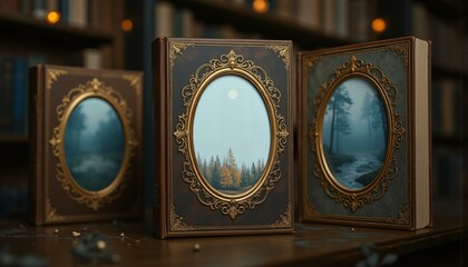 Leather-bound books with golden filigree frames, empty white circles, silver lines, tiny stars, misty moonlit forest scenes, dimly lit library, mystical atmosphere, whimsical titles, soft ethereal glo
