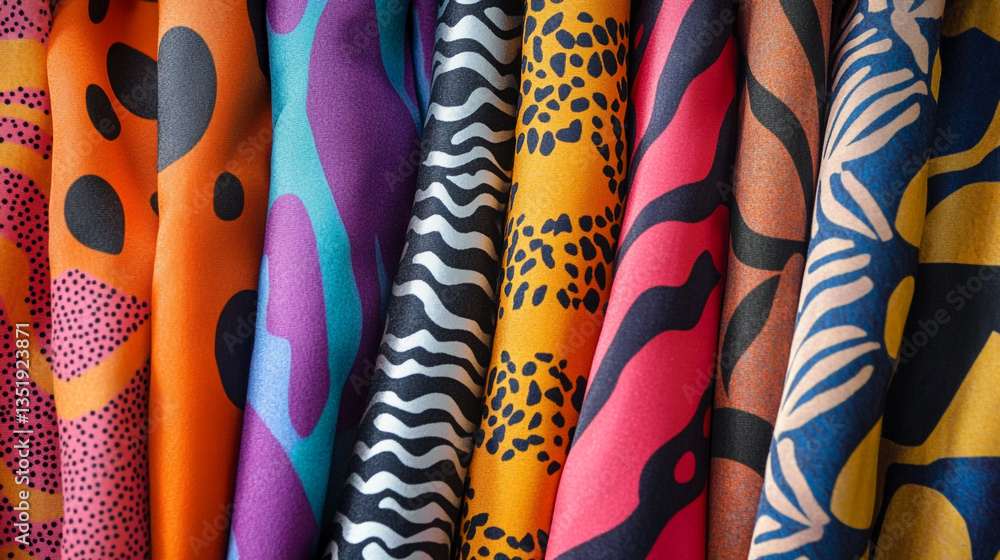 Poster a vibrant array of patterned fabrics showcasing diverse colors and textural designs in a close up vi