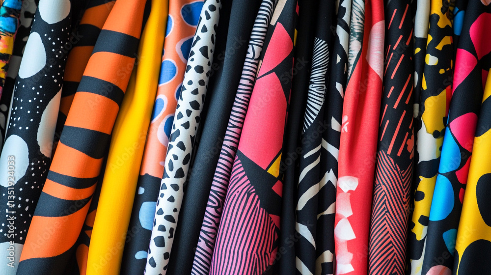 Poster a colorful assortment of patterned fabrics hanging vertically in a close up view with bright colors