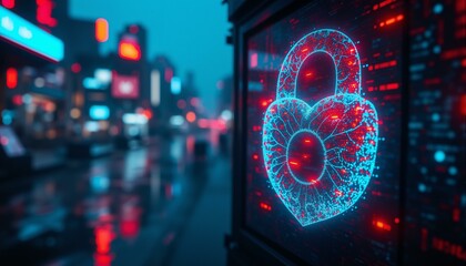 Obraz premium A futuristic cityscape at night, with fractal shields, padlocks, and pixelated screens amidst flickering console lights.