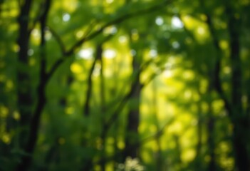 Fototapeta premium Soft, dreamy green bokeh background, lush forest blur, trees, calm