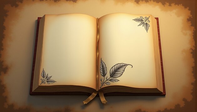 Intricately illustrated paper scrolls with flat books, silver bookmarks, leaf-shaped page turners, and minimalist text placeholders on an antique parchment background.