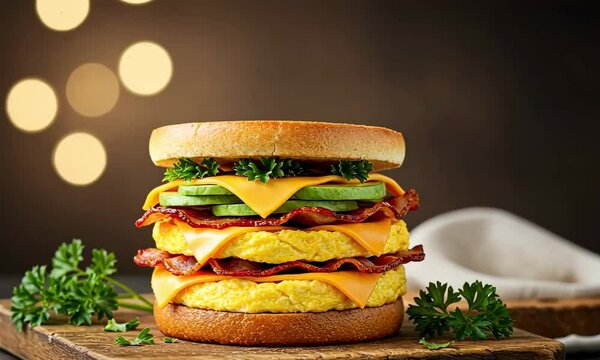 Delicious double-decker bacon, egg, and avocado sandwich on toasted bun, garnished with parsley; concept for breakfast menu, restaurant advertising, and food blog