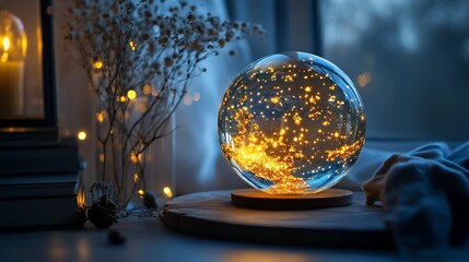 Glowing Orb with Fairy Lights and Decorative Elements on Tabletop