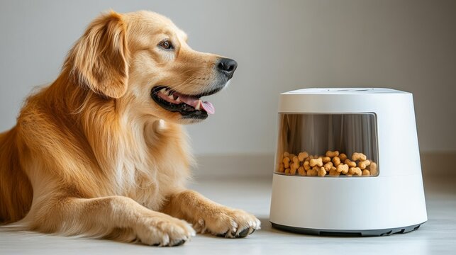 A golden retriever dog sits beside an automated pet feeder filled with kibble, in a minimalistic indoor setting