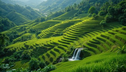 Naklejka premium Terraced rice fields mountains landscape photography vibrant greens aerial view nature's beauty