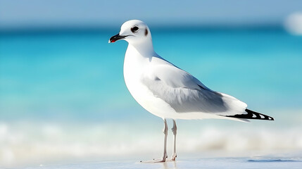 Obraz premium Seagull on beach, ocean background, summer vacation, tourism