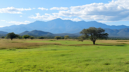 Serene African savanna landscape with acacia tree, mountains in background; ideal for travel brochure