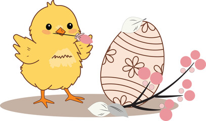 Cute Easter Chick with Decorated Egg and Floral Branch – Spring Illustration