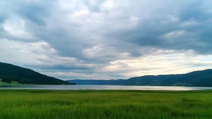 Obraz premium Serene lake landscape with grassy foreground, mountains in background, overcast sky. Perfect for travel brochures or nature documentaries