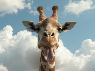 A goofy giraffe's head pops from fluffy clouds, tongue sticking out, whimsical,zany