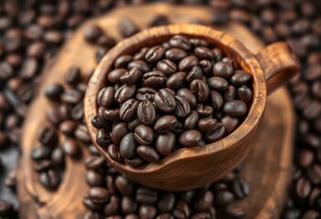Fototapeta premium A rustic wooden cup overflowing with dark roasted coffee beans, rich, arabica