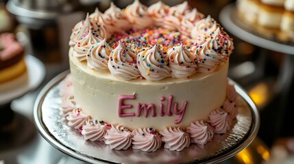 A cake with pink frosting and sprinkles on top with the name Emily written on it