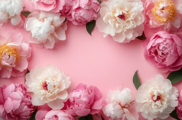 Pink Peonies and Roses on Soft Pink Background Romantic Floral Frame for Weddings and Celebrations