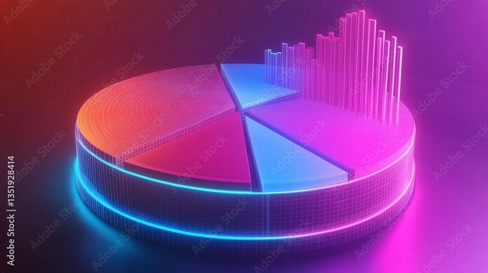 Poster 3d rendered image of a futuristic pie chart with vibrant neon color and wireframe grid overlay