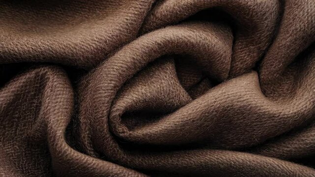 A close-up of dark brown fabric with a soft, fuzzy texture, showing intricate folds and curves that create depth and shadow.