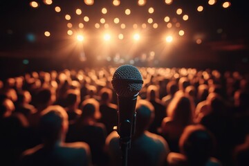 Live Performance Audience at a Comedy Theater with Microphone and Dramatic Lighting