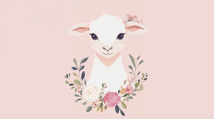 Cute cartoon sheep with floral wreath on a pink background, playful illustration, children’s art