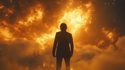 Obraz premium A man stands facing a fiery explosion in the sky