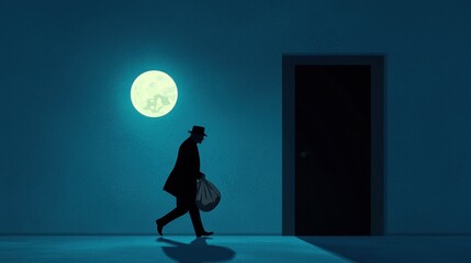 Obraz premium Mysterious Figure in Dark Alley Under Full Moonlight Walking Toward Door Carrying Bag at Night in Urban Environment with Intriguing Shadow Play