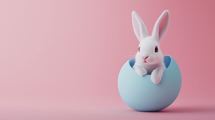 Obraz premium 3D white bunny inside a blue egg on a pink background, with space for text