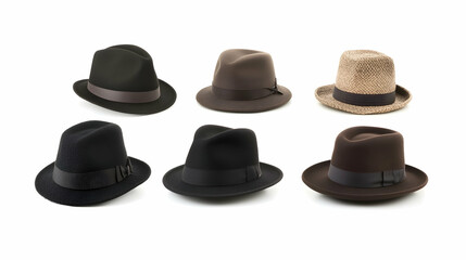 Six stylish felt and straw fedoras on white background; fashion accessory collection