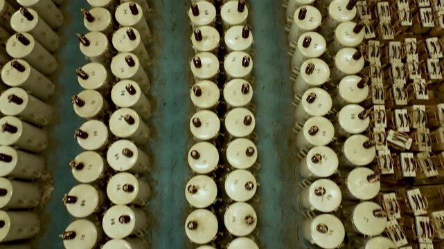 Inside Power Distribution Transformer Plant with thousend of Assembled Units