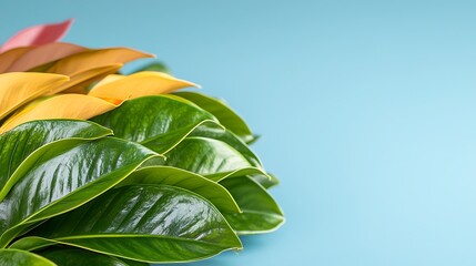 Obraz premium Vibrant green, yellow, and red leaves arranged against a light blue background. The leaves are glossy and appear healthy