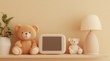 Childrens room shelf display with teddy bears, lamp, and electronics