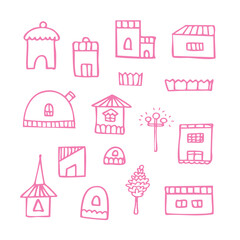 Vector houses, lantern, fence and tree