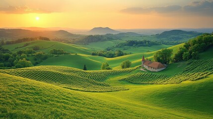 Fototapeta premium Sunset vineyard chapel, rolling hills, idyllic landscape, tourism