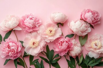 Obraz premium Peonies on Pink Background with Copy Space Romantic Floral Arrangement for Wedding Invitation and Mother's Day