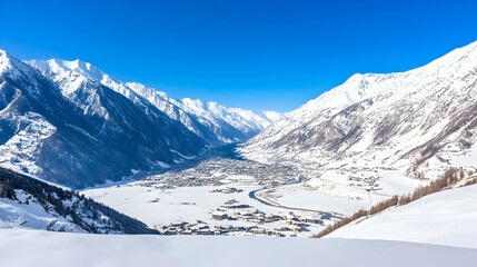 Obraz premium Snowy Alpine valley village winter panorama, clear sky background, ideal for travel brochures