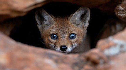 Fototapeta premium Adorable fox kit peeks from rocky den