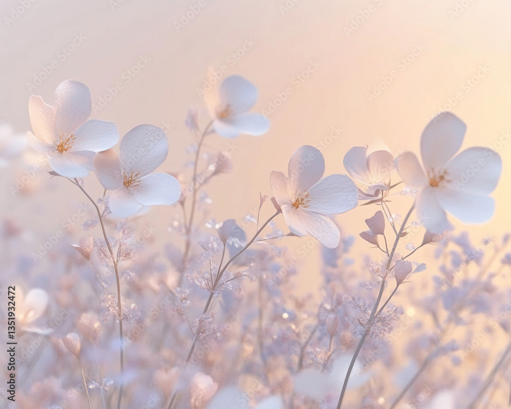 Poster soft focus image of delicate white flowers in a pastel peach-toned field, creating a serene and drea