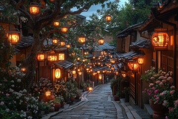 Illuminated stone path winds through a charming, lantern-lit town, nestled among lush greenery