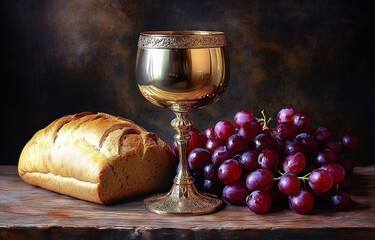 Holy Communion Feast with Wine Glass Bread and Grapes on Wooden Table